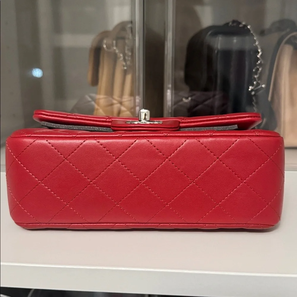 Authentic Chanel Classic Red Quilted Rectangle Mini Lambskin Bag